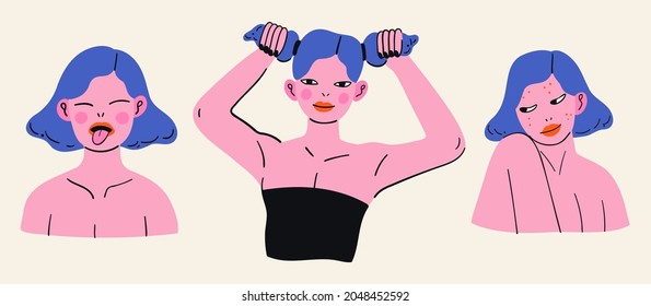A set of three female stickers. Body positive concept. Portrait of a lovely girl, isolated on beige. Cartoon character. Natural beauty. Hand drawn colorful illustration for social media, covers.