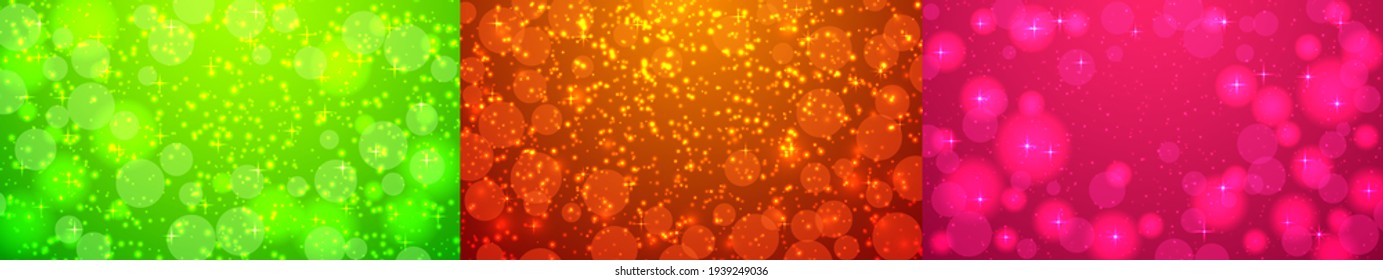 A set of three festive backgrounds, red, green and fuchsia. Backgrounds for the design of holiday cards, banners, flyers, covers, etc. Vector illustration.
