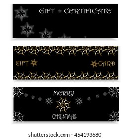 Set of three festive banners for Christmas and New Year. Template for gift certificates, cards, stickers, labels, invitations, postcards, packaging, packing. Vector illustration.