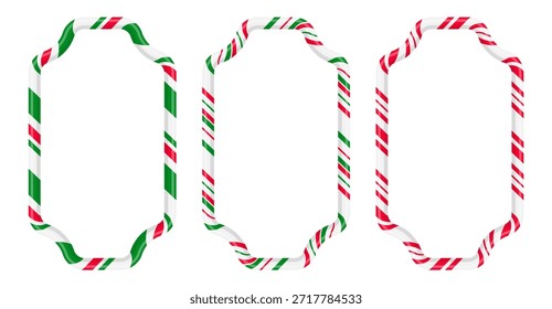 Conjunto de tres marcos de bastón de caramelo de Navidades festivas con rayas rojas y verdes. Patrón de piruleta de caramelo de borde de rayas de Vector