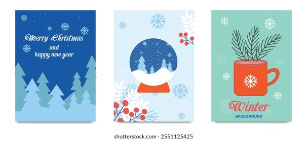 Set of three festive Christmas and winter card illustrations with trees, snowflakes, berries and mug design. Vector.