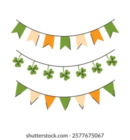 A set of three festive garlands for St. Patrick's Day, featuring flags and shamrocks in green, orange, and white.