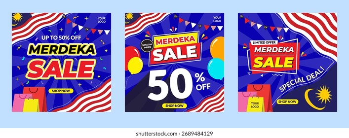 Un conjunto de tres modernas y festivas Plantillas de publicaciones en medios sociales para la venta del Día de la Independencia de Malasia, con colores llamativos y diseños limpios.