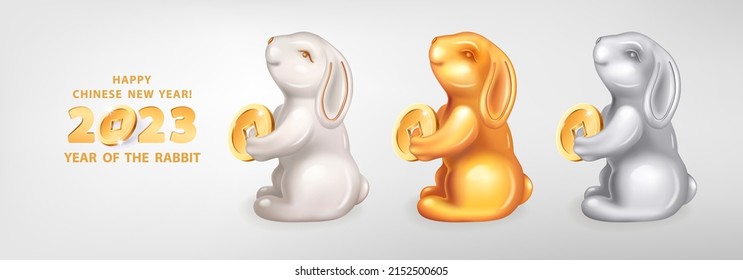 Conjunto de tres figurinas lindas Conejos diferentes colores. Cerámica blanca, plata y metal dorado. El conejo es un símbolo del Año Nuevo Chino 2023. Ilustración vectorial del signo de zodiaco decorativo del conejo