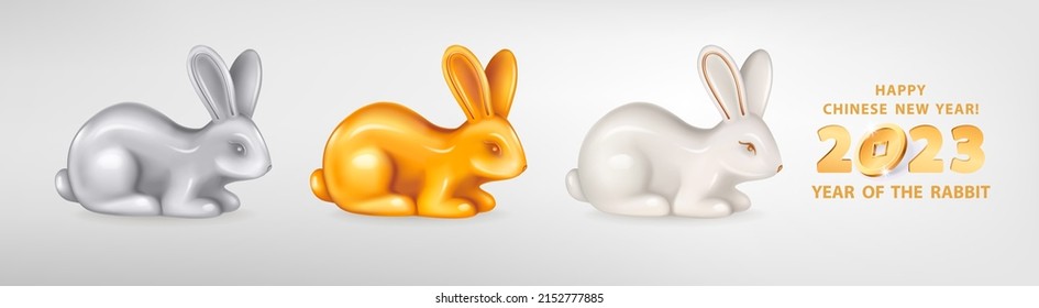 Set of three figurines of sitting Rabbits different colors. White ceramic, silver and golden metal. Rabbit is a symbol of the 2023 Chinese New Year. Vector illustration of  zodiac sign of rabbit