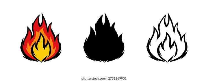 Set of three fire flame icons in color, silhouette, and outline styles. Hand-drawn brush stroke effect isolated on white.