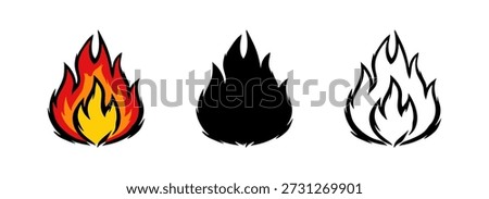 Set of three fire flame icons in color, silhouette, and outline styles. Hand-drawn brush stroke effect isolated on white.