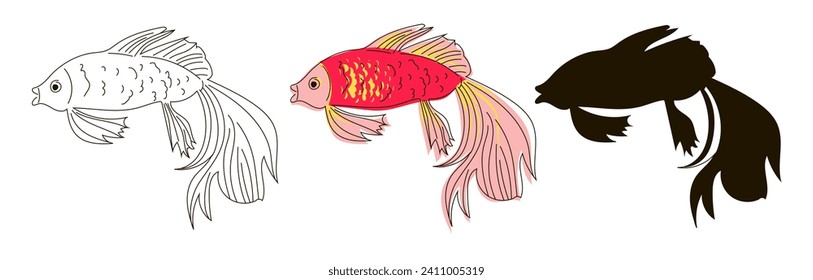 Set von drei Fischen im Linienstil und doodle in roter Farbe, und schwarze Silhouette. Vektorgrafik einzeln auf weißem Hintergrund