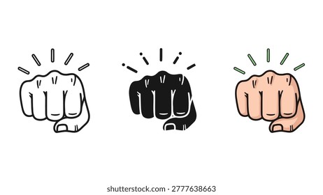 A set of three fist bump hand gesture icons presented in line art, solid black, and colored styles.