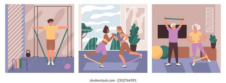 Set of three fitness elastic bands flat compositions with indoor gym and home sceneries with people vector illustration