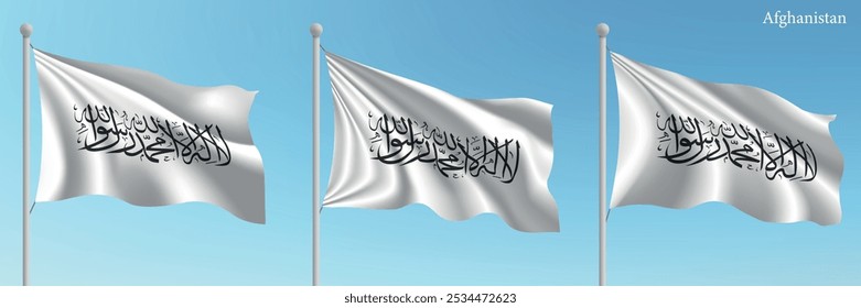 Satz von drei Flaggen Afghanistans, die auf Fahnenmasten mit einer lebendigen blauen Himmelskulisse winken.