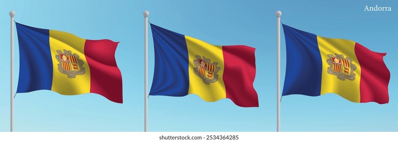 Set of three flags of Andorra waving on flagpoles with a vibrant blue sky backdrop.