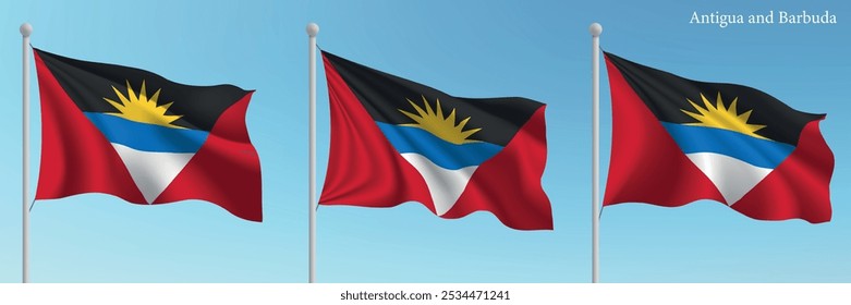 Set of three flags of Antigua and Barbuda waving on flagpoles with a vibrant blue sky backdrop.