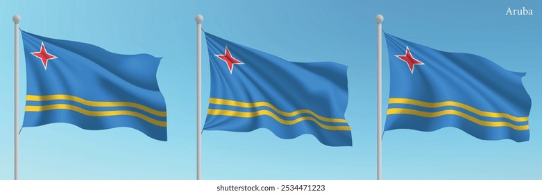 Conjunto de tres banderas de Aruba ondeando en asta de bandera con un fondo azul vibrante del cielo.