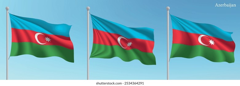 Conjunto de três bandeiras do Azerbaijão acenando em mastros com um cenário azul vibrante.