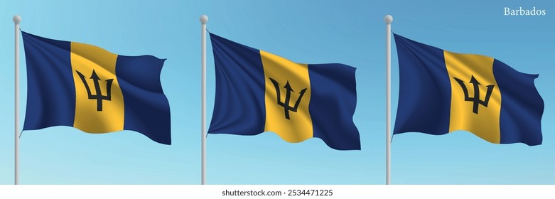 Conjunto de três bandeiras de Barbados acenando em mastros com um cenário azul vibrante do céu.