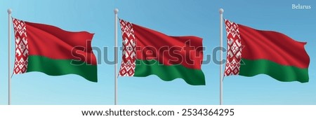 Set of three flags of Belarus waving on flagpoles with a vibrant blue sky backdrop.
