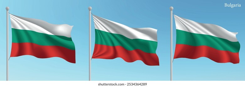 Set of three flags of Bulgaria waving on flagpoles with a vibrant blue sky backdrop.