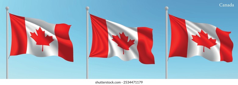 Set of three flags of Canada waving on flagpoles with a vibrant blue sky backdrop.