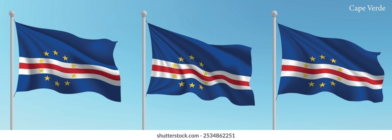 Set of three flags of Cape Verde waving on flagpoles with a vibrant blue sky backdrop.