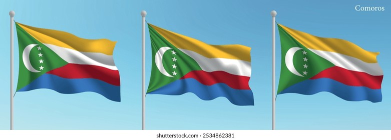 Conjunto de três bandeiras de Comores acenando em mastros com um cenário azul vibrante.