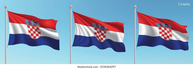 Conjunto de tres banderas de Croacia ondeando en los mástiles con un fondo de cielo azul vibrante.
