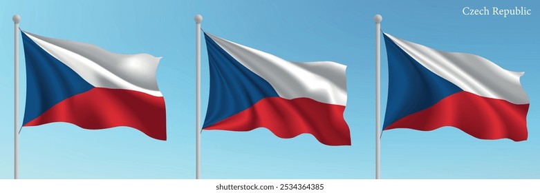 Set of three flags of Czech Republic waving on flagpoles with a vibrant blue sky backdrop.