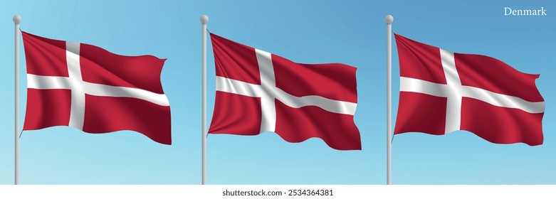 Set of three flags of Denmark waving on flagpoles with a vibrant blue sky backdrop.