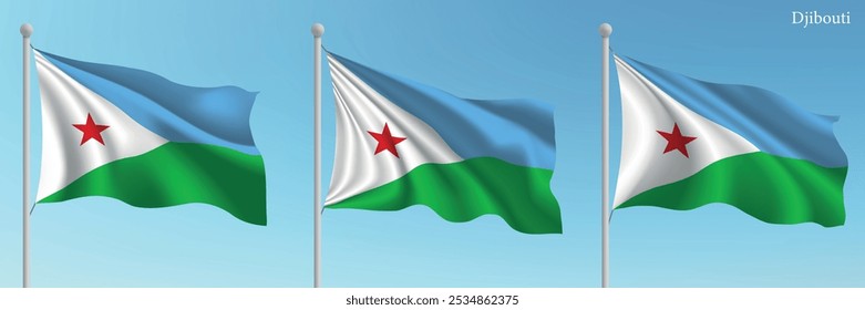 Satz von drei Flaggen von Djibouti, die auf Fahnenmasten mit einer lebendigen blauen Himmelskulisse winken.