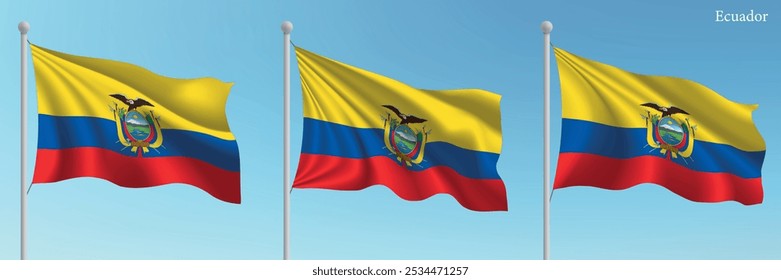 Set of three flags of Ecuador waving on flagpoles with a vibrant blue sky backdrop.