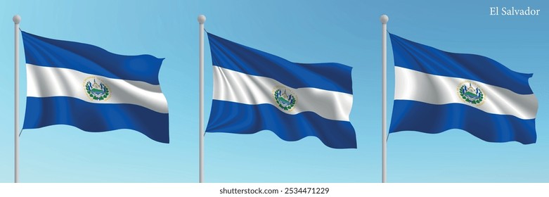 Set of three flags of El Salvador waving on flagpoles with a vibrant blue sky backdrop.