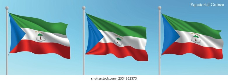 Set of three flags of Equatorial Guinea waving on flagpoles with a vibrant blue sky backdrop.