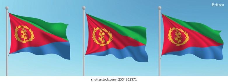Set of three flags of Eritrea waving on flagpoles with a vibrant blue sky backdrop.