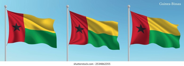 Set of three flags of Guinea-Bissau waving on flagpoles with a vibrant blue sky backdrop.