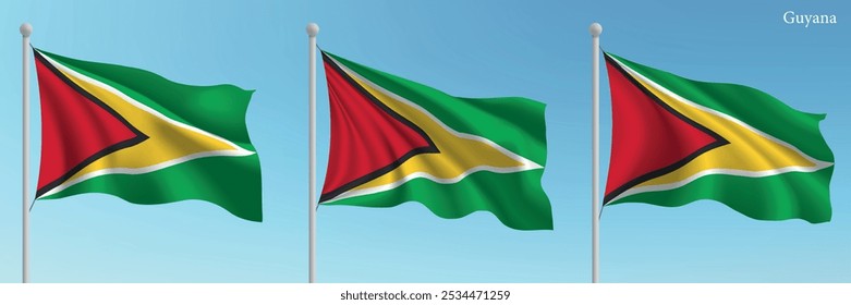Set of three flags of Guyana waving on flagpoles with a vibrant blue sky backdrop.