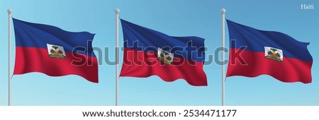 Set of three flags of Haiti waving on flagpoles with a vibrant blue sky backdrop.