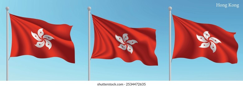 Set of three flags of Hong Kong waving on flagpoles with a vibrant blue sky backdrop.