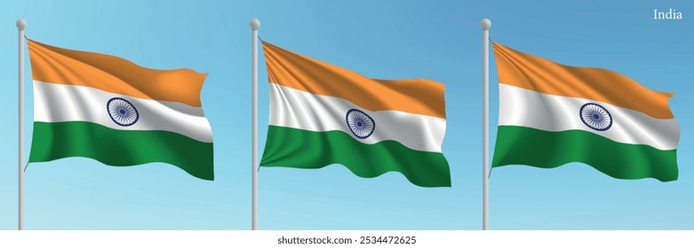 Set of three flags of India waving on flagpoles with a vibrant blue sky backdrop.