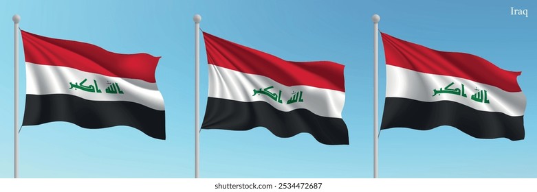 Set of three flags of Iraq waving on flagpoles with a vibrant blue sky backdrop.
