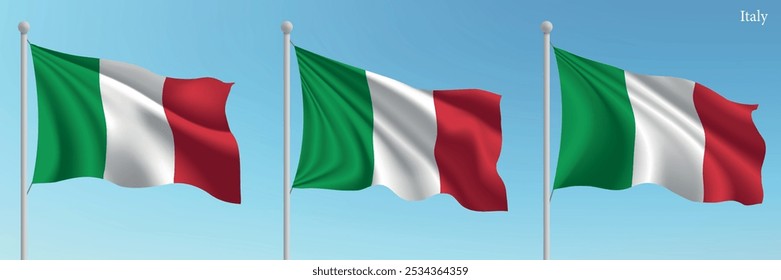 Conjunto de tres banderas de Italia ondeando sobre mástiles con un fondo azul vibrante del cielo.