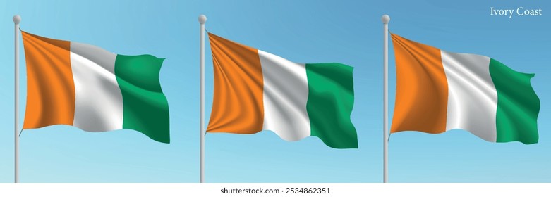 Set of three flags of Ivory Coast waving on flagpoles with a vibrant blue sky backdrop.