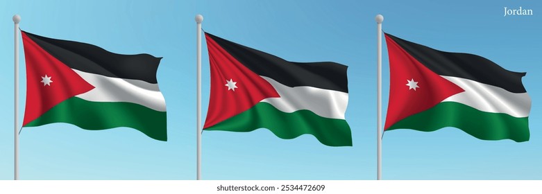 Set of three flags of Jordan waving on flagpoles with a vibrant blue sky backdrop.
