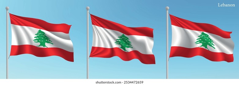Set of three flags of Lebanon waving on flagpoles with a vibrant blue sky backdrop.