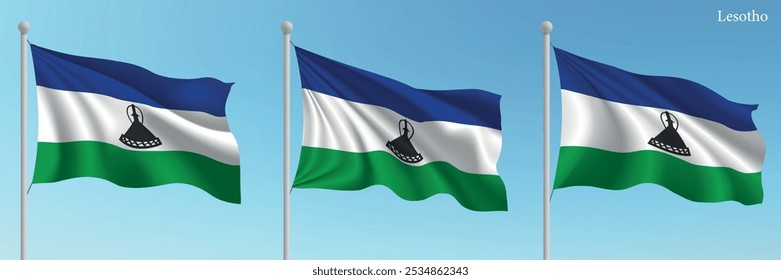 Conjunto de três bandeiras do Lesoto acenando em mastros com um fundo azul vibrante.