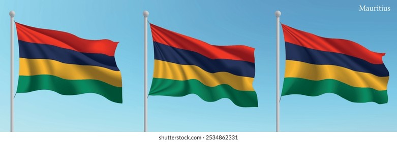 Set of three flags of Mauritius waving on flagpoles with a vibrant blue sky backdrop.