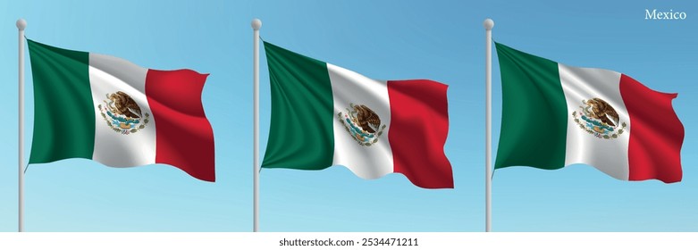 Set of three flags of Mexico waving on flagpoles with a vibrant blue sky backdrop.