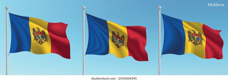 Set of three flags of Moldova waving on flagpoles with a vibrant blue sky backdrop.