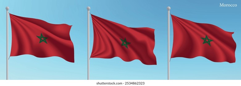 Set of three flags of Morocco waving on flagpoles with a vibrant blue sky backdrop.