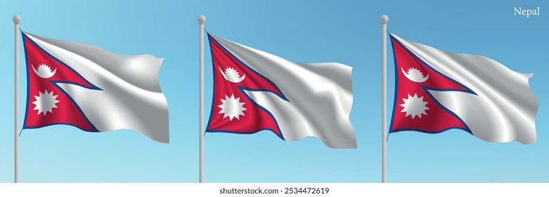 Set of three flags of Nepal waving on flagpoles with a vibrant blue sky backdrop.