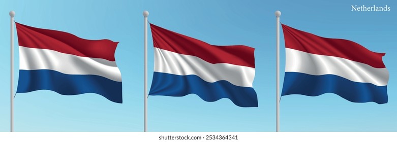 Conjunto de tres banderas de los Países Bajos ondeando en los mástiles con un fondo de cielo azul vibrante.